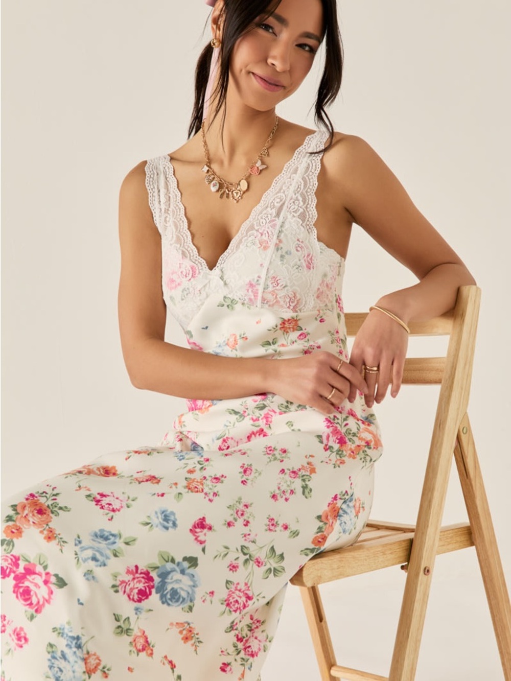 Lace-Trim Floral Midi Dress